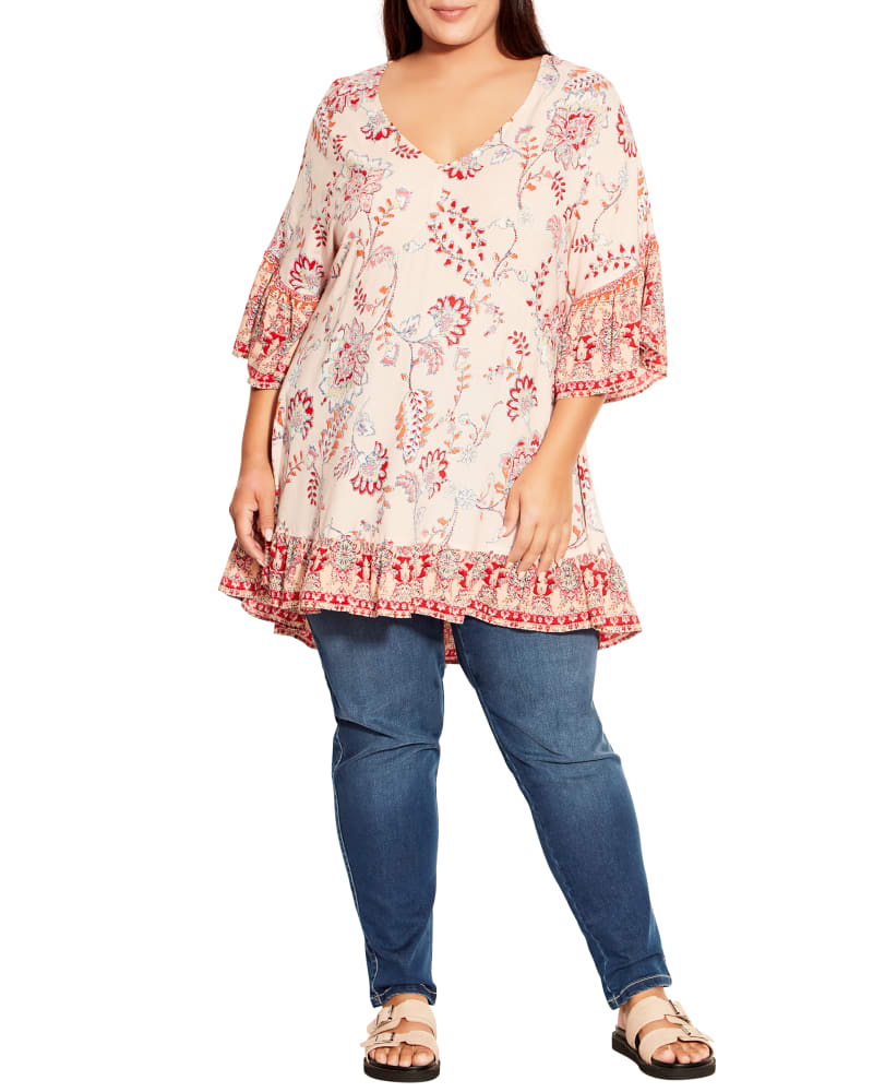 Front of a model wearing a size 14 TUNIC HARPER in Ivory Tuscan Bird by avenue. | dia_product_style_image_id:288028
